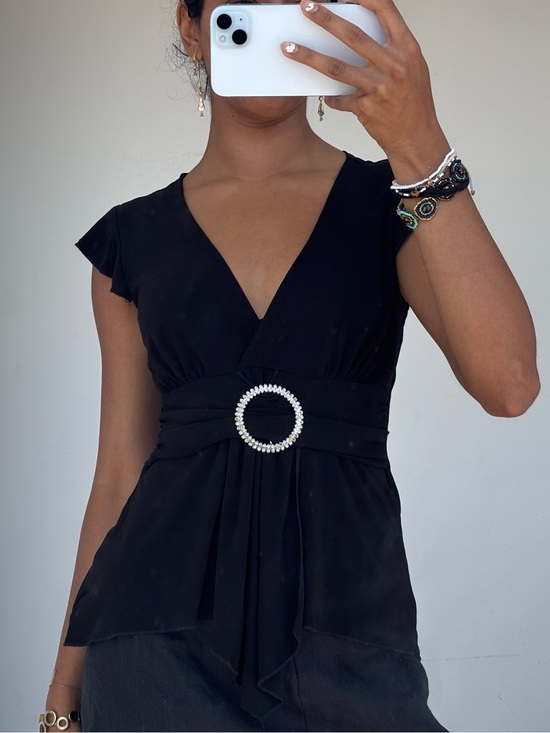 Uva Tops - Black V-Neck Blouse with Rhinestone Buckle